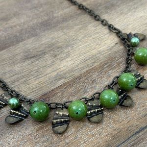 Vintage-Inspired J. Jill Bronze and Green Stone Beaded Necklace